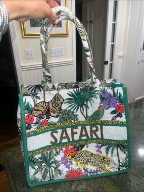 Safari Beaded Tote Bag - White Green Tropical Print